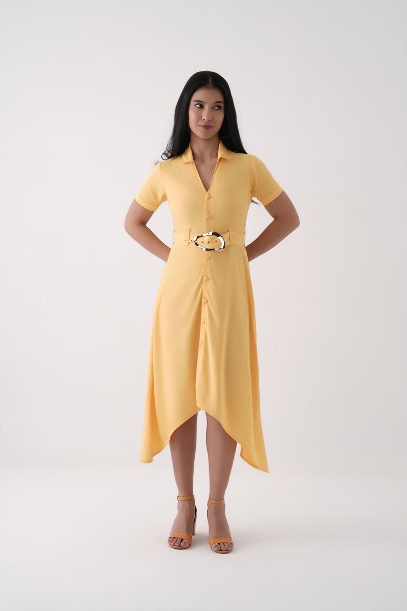 Spicy Mustard Asymmetric Hem Linen Viscose Belted Shirt Dress