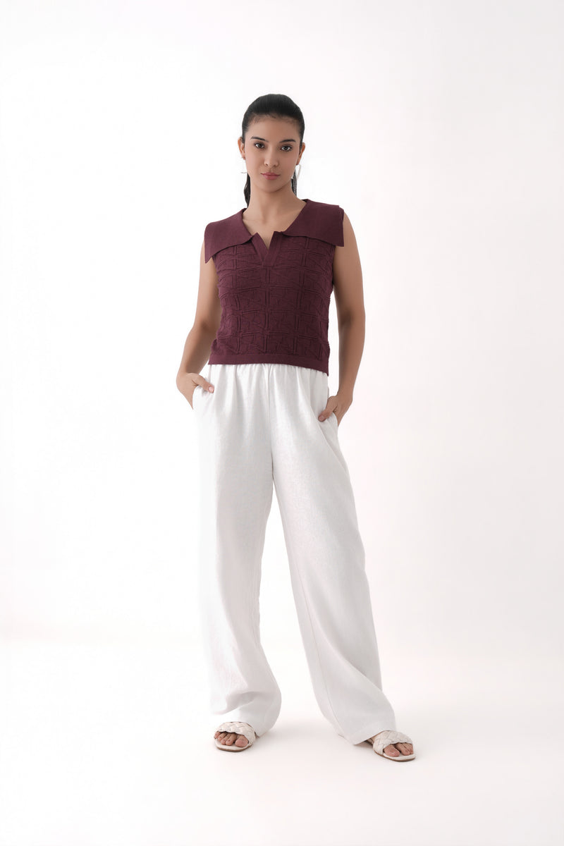 burgundy sleeveless knitted polo t-shirt