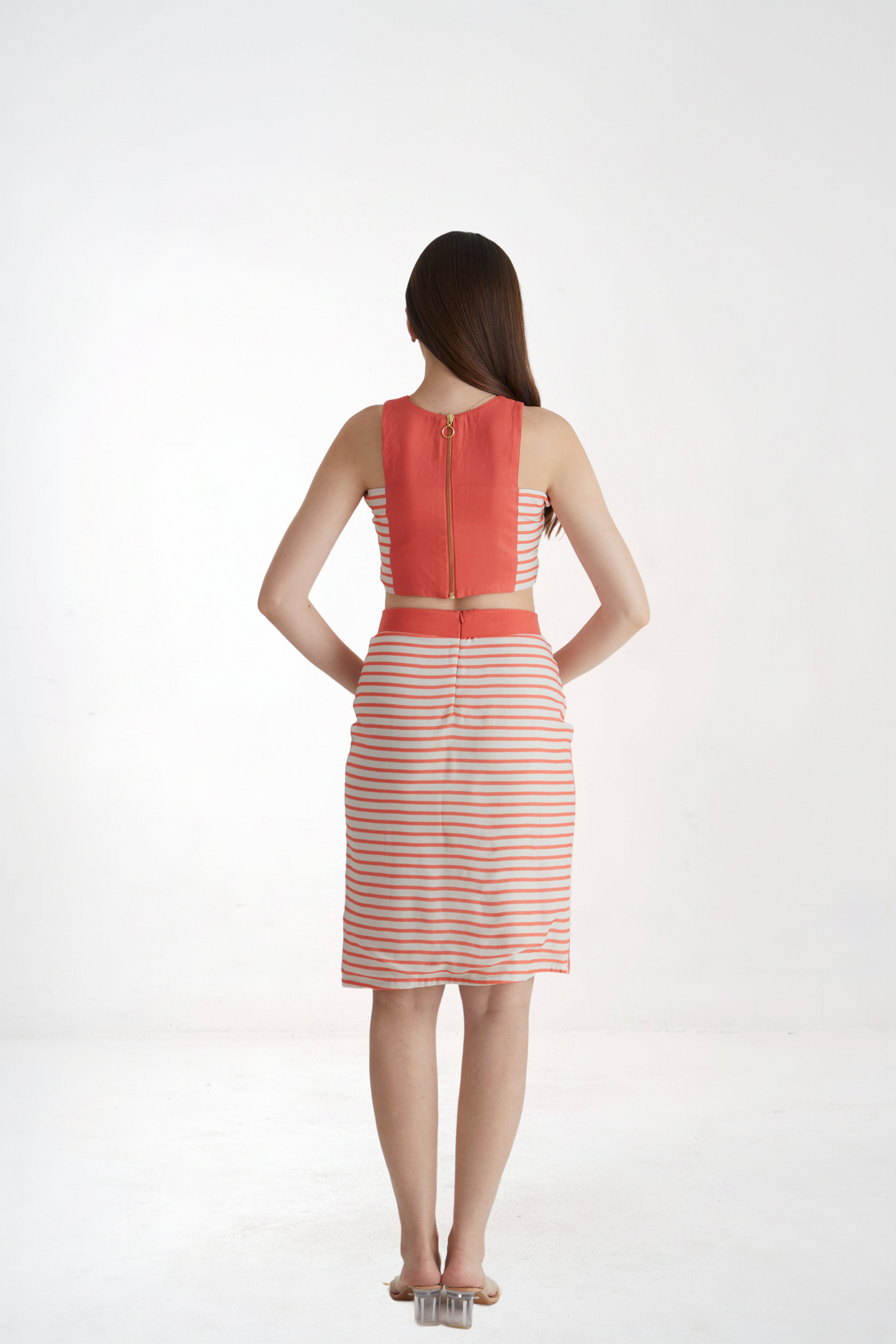 Woman red and white striped Sleeveless Crop Top and High Waist Skirt Co-ord Set