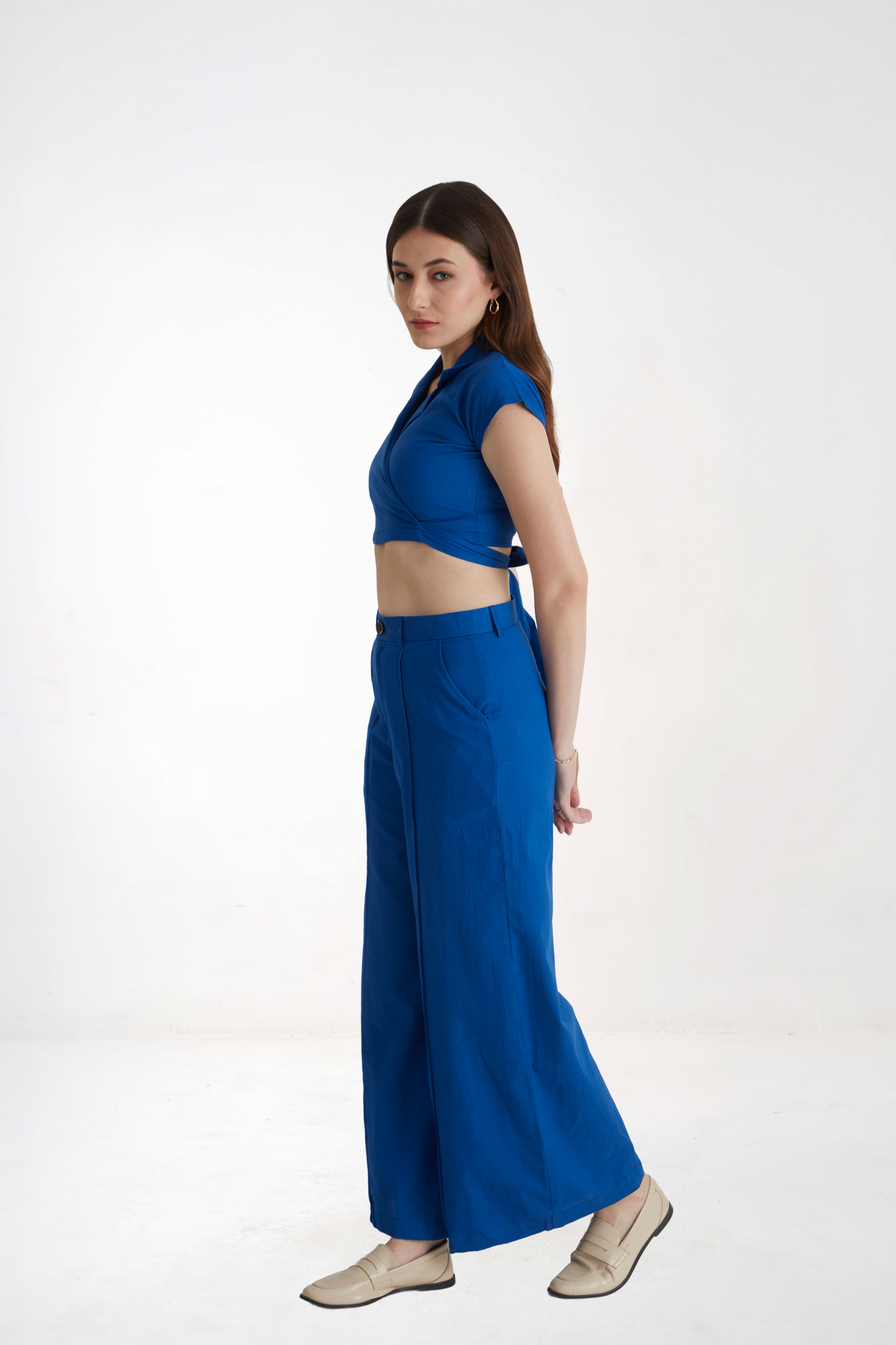Women Blue Wrap Crop Top and Wide Leg Trouser Co-ord Set
