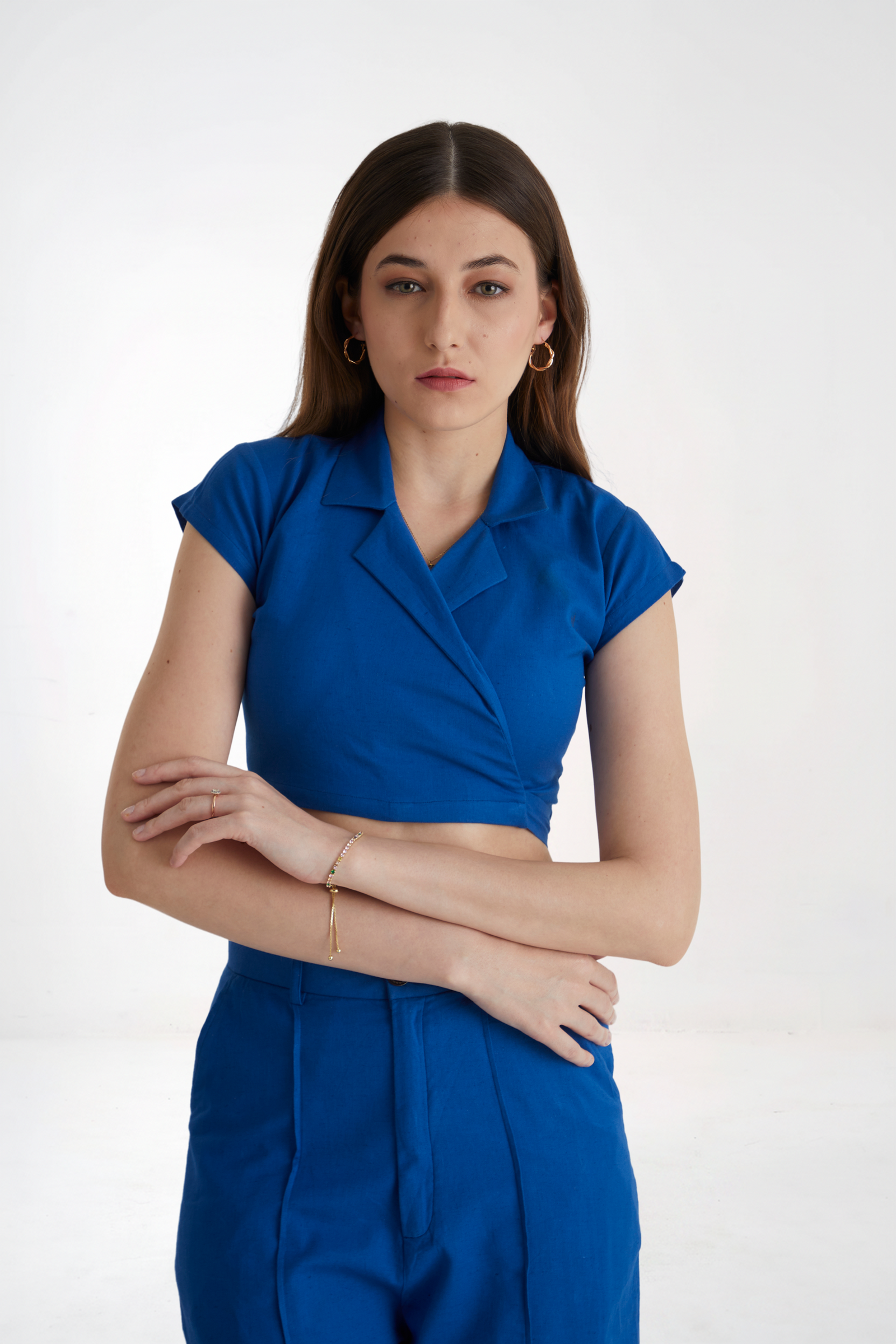 Women Blue Wrap Crop Top and Wide Leg Trouser Co-ord Set