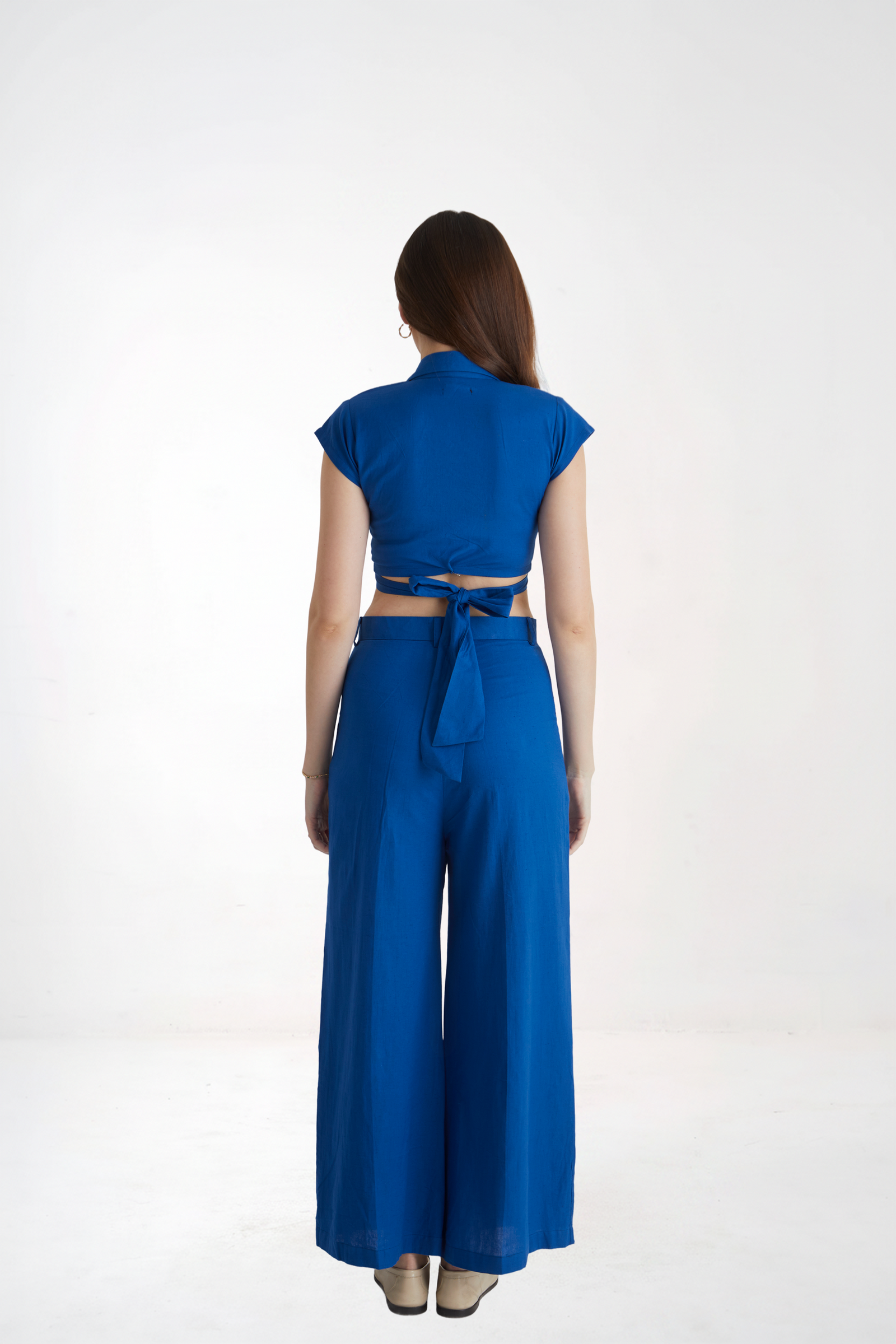 Women Blue Wrap Crop Top and Wide Leg Trouser Co-ord Set