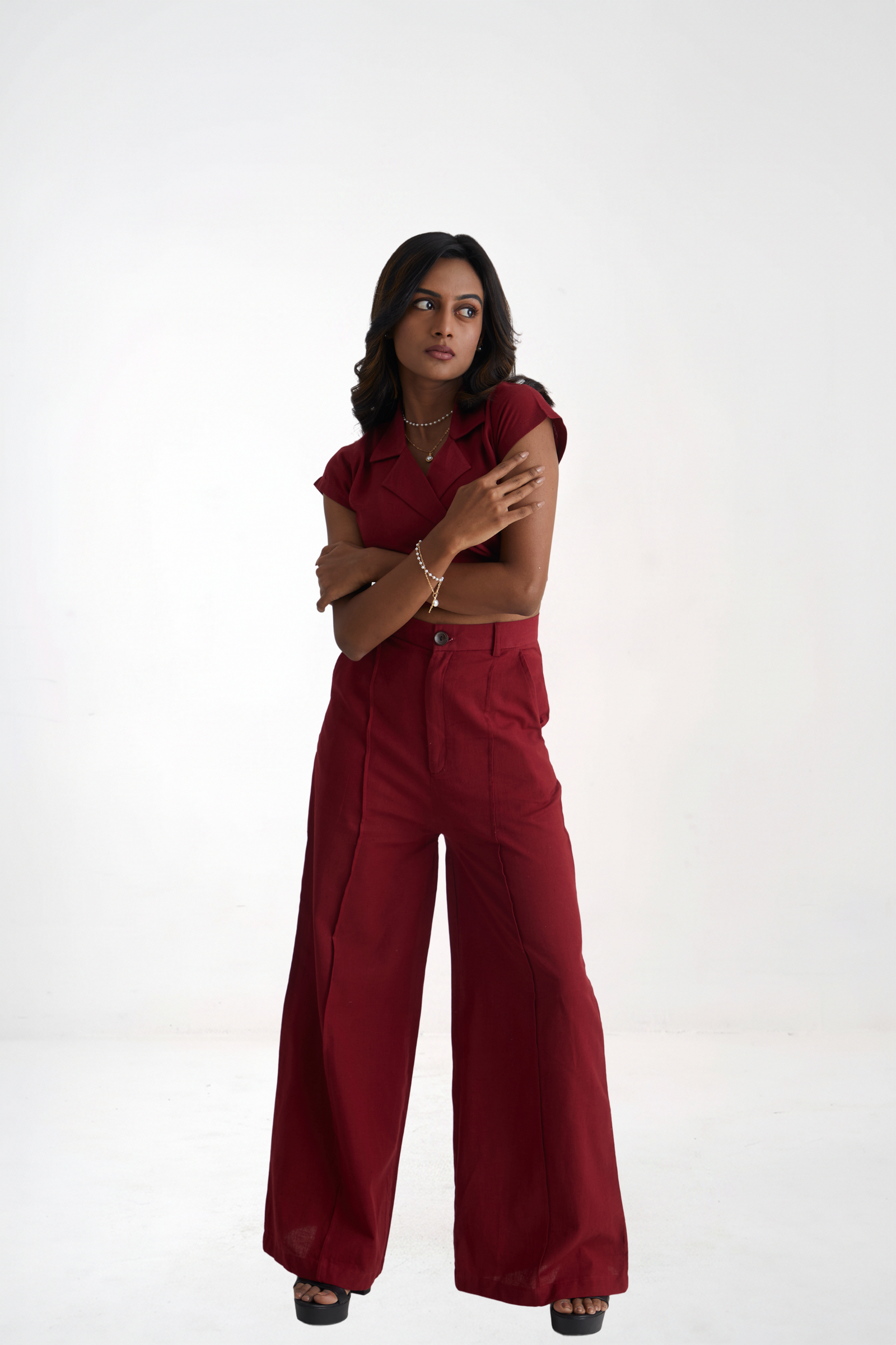 Women Red Wrap Crop Top and Wide Leg Trouser Co-ord Set