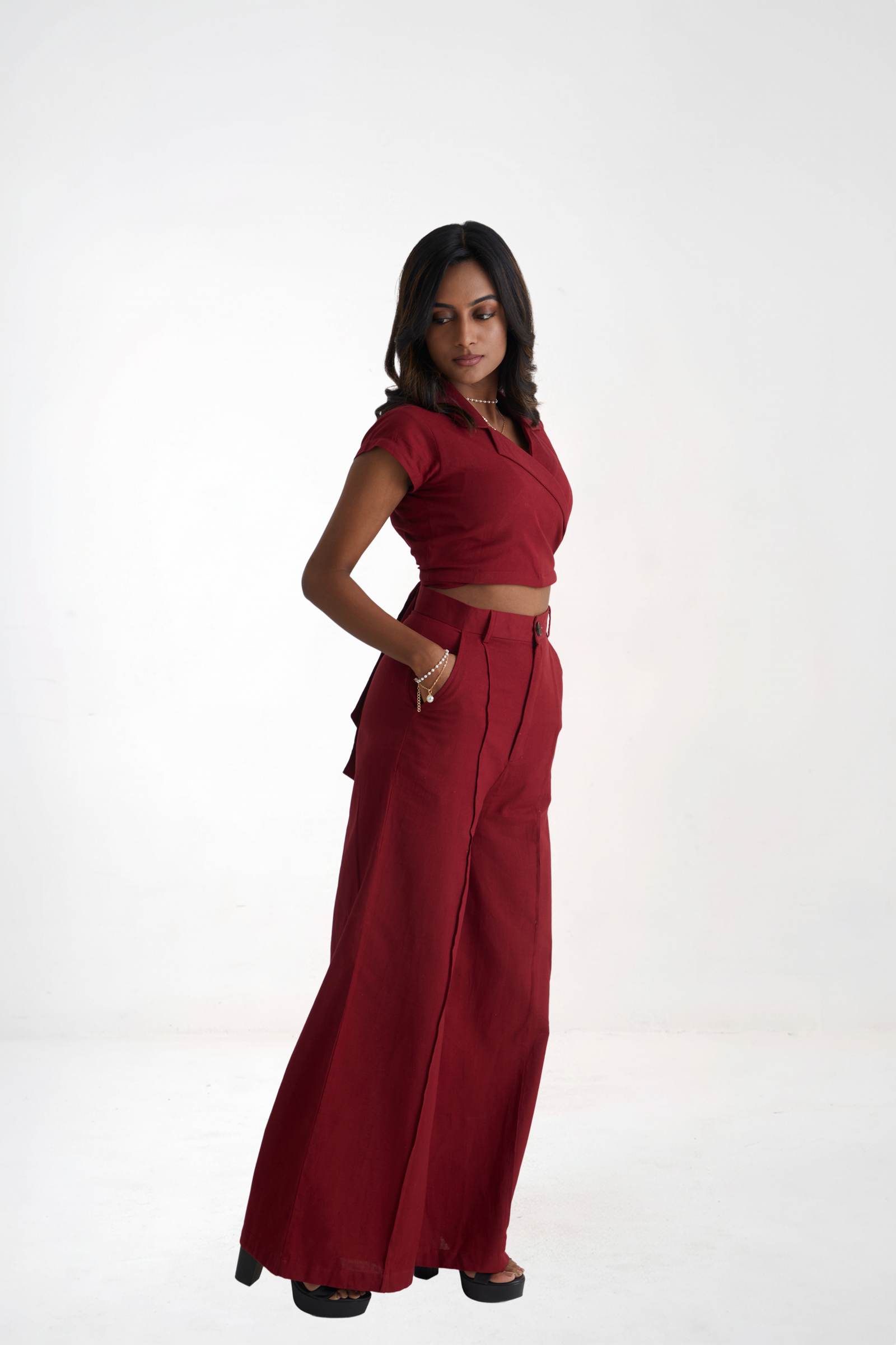 Women Red Wrap Crop Top and Wide Leg Trouser Co-ord Set