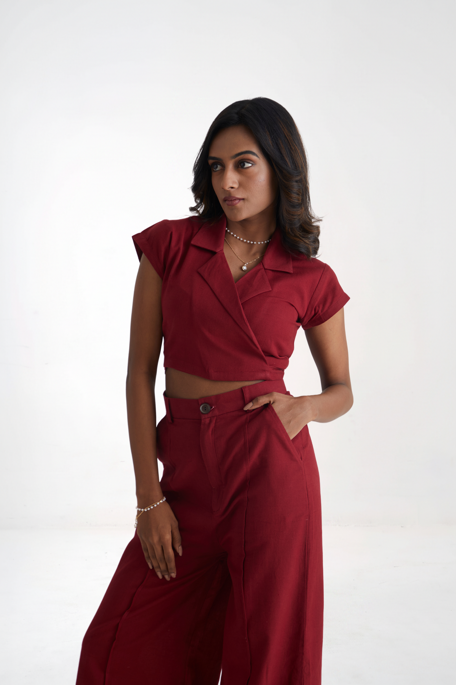 Women Red Wrap Crop Top and Wide Leg Trouser Co-ord Set