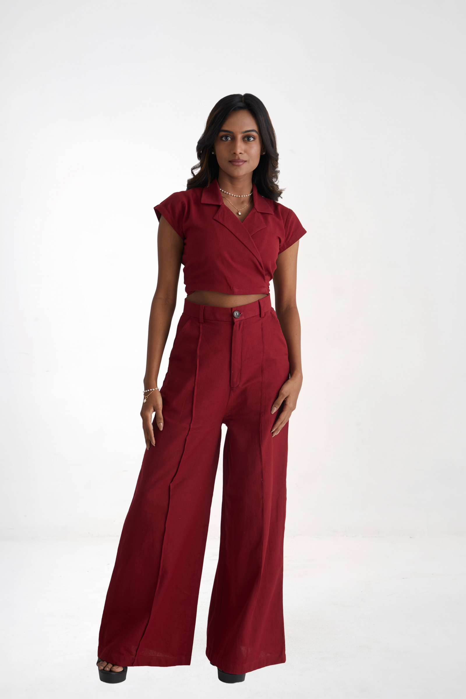 Women Red Wrap Crop Top and Wide Leg Trouser Co-ord Set