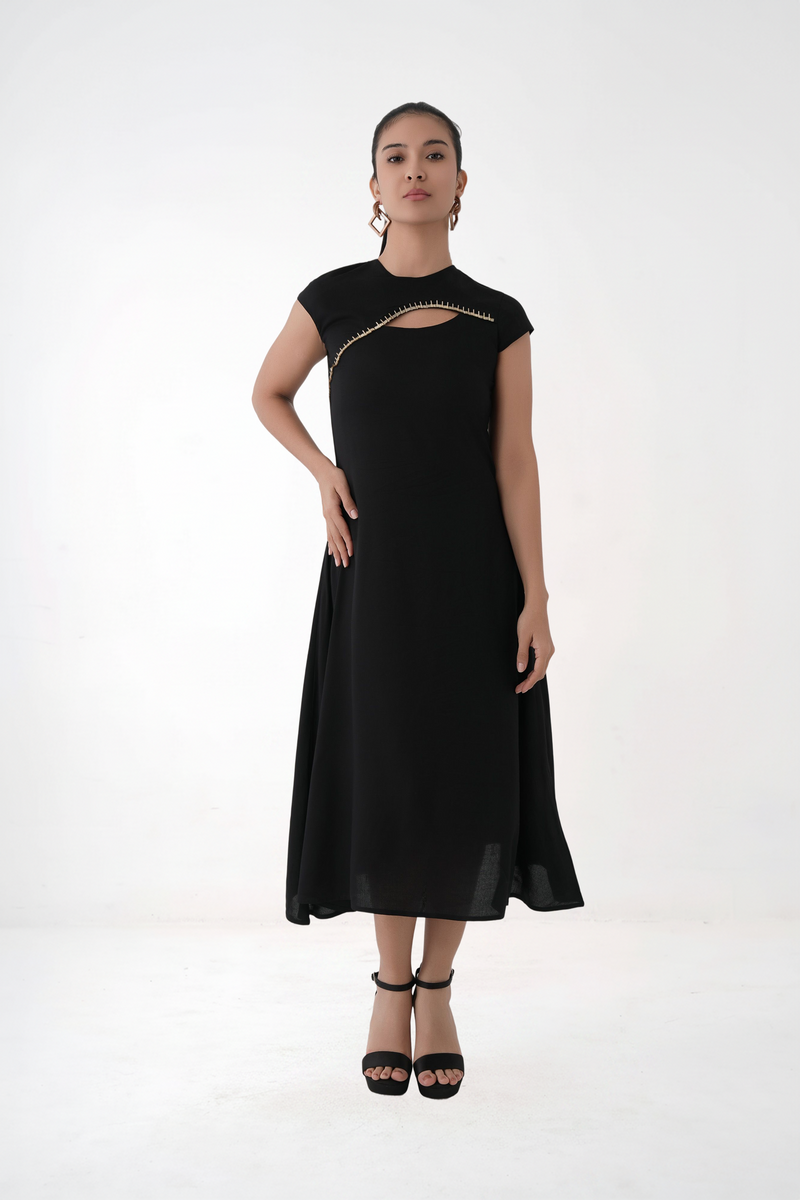 Women Black Asymmetric Panel Modal Maxi Dress with Cap Sleeves