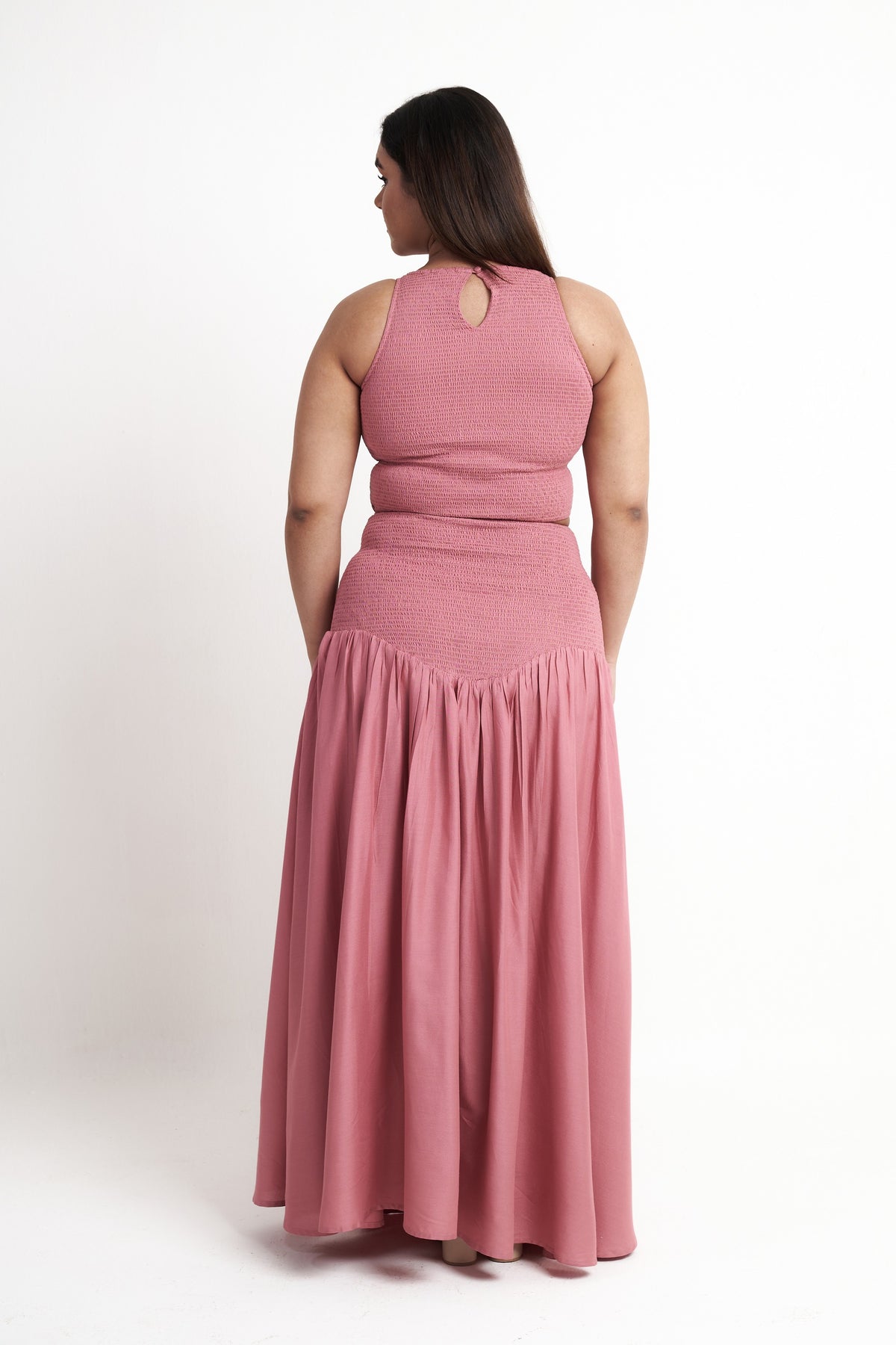 Smocked co-ord set for women in dusty rose back view