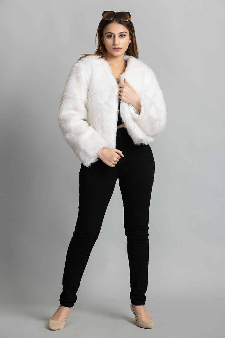 V-Neck Fur Jacket - White