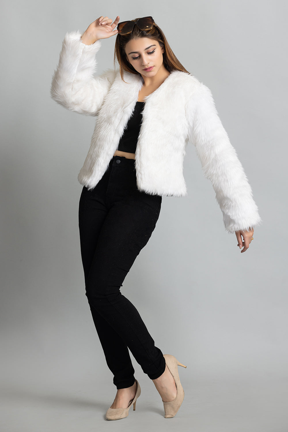 V-Neck Fur Jacket - White