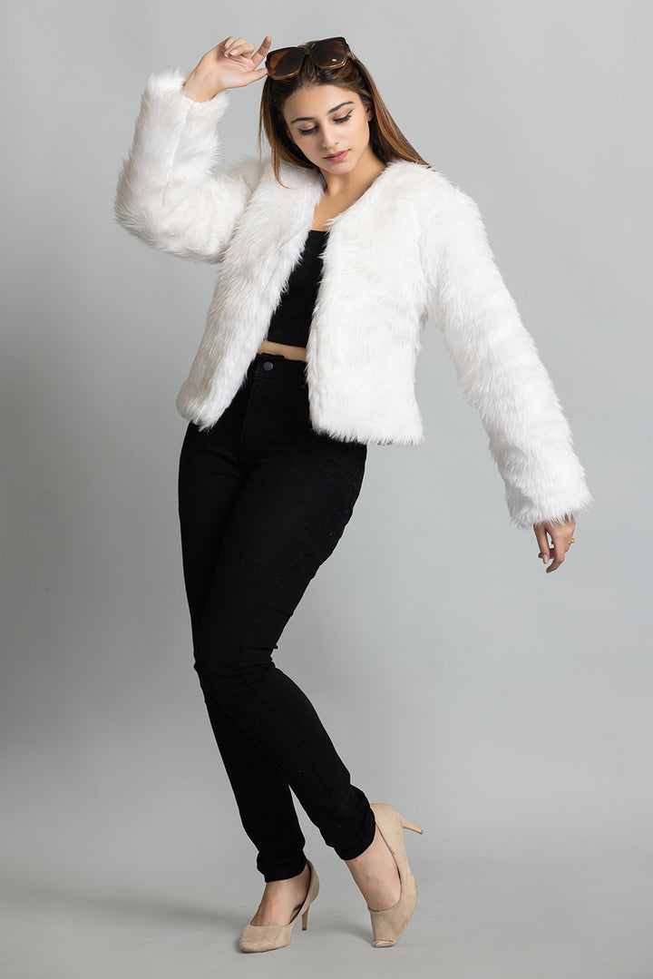 V-Neck Fur Jacket - White