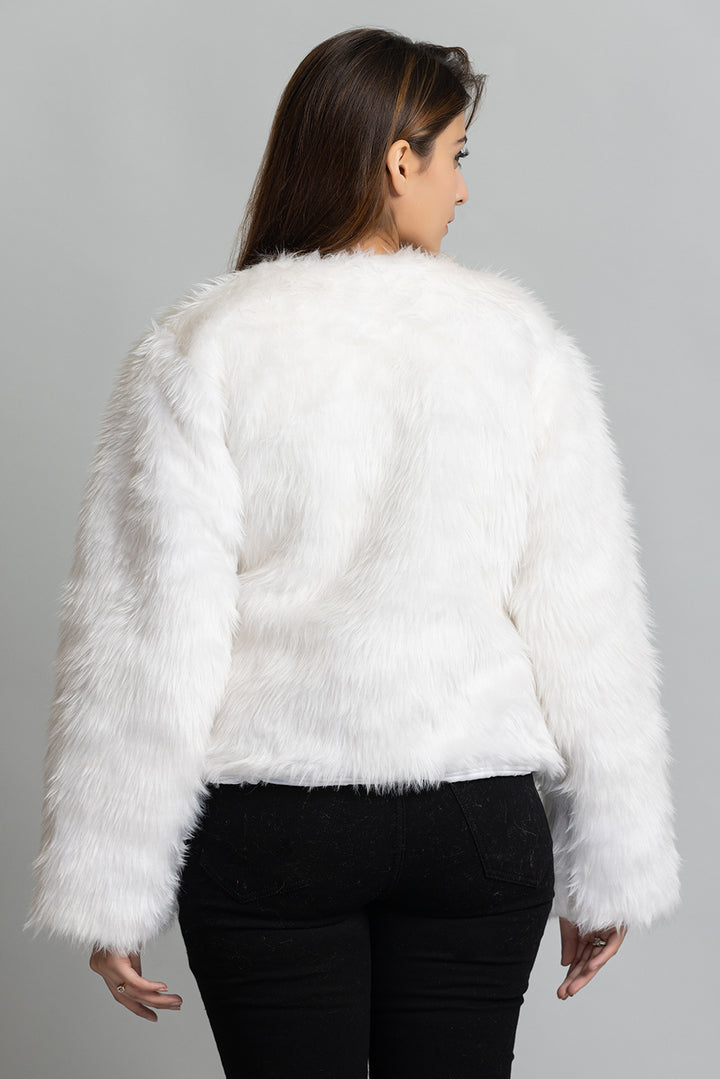 V-Neck Fur Jacket - White