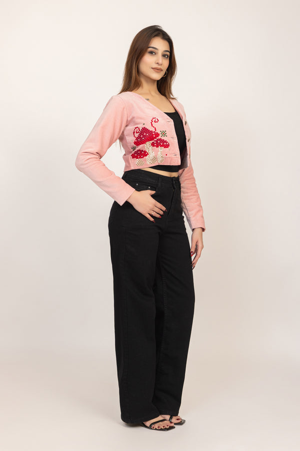 Embroidery Velvet Crop Jacket