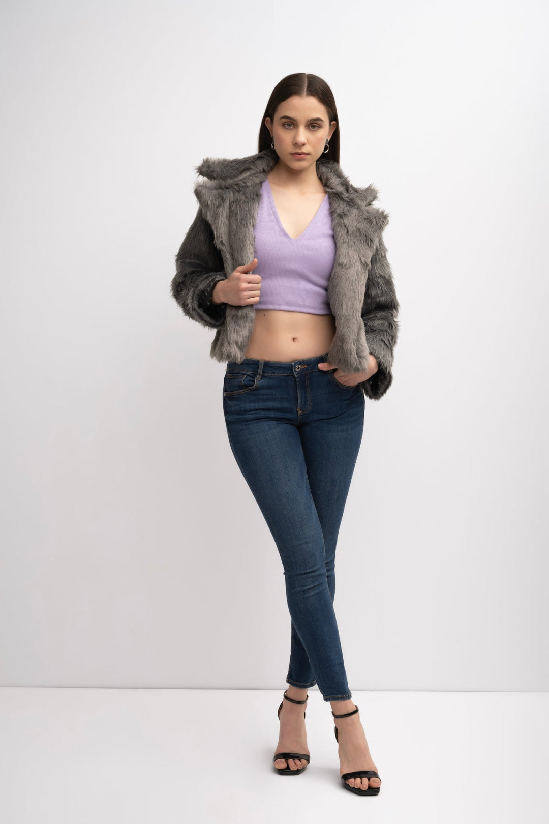 V-Neck Fur Jacket Grey