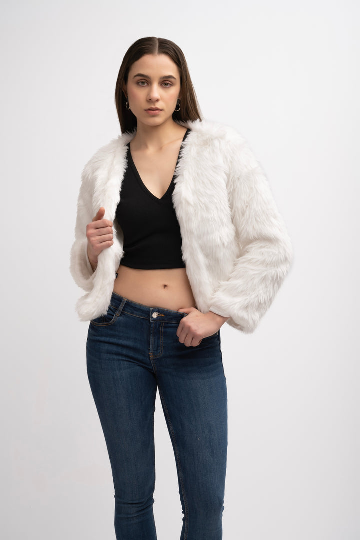 V-Neck Fur Jacket White