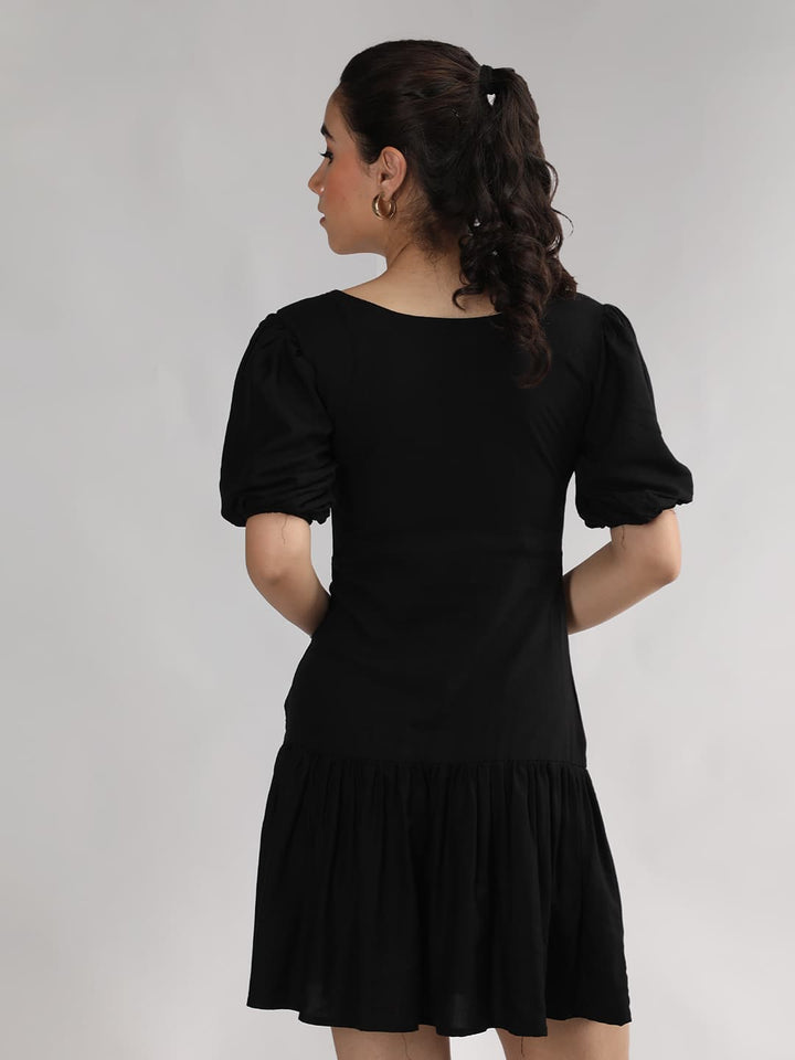 Solid Puffed Sleeve Short Dress