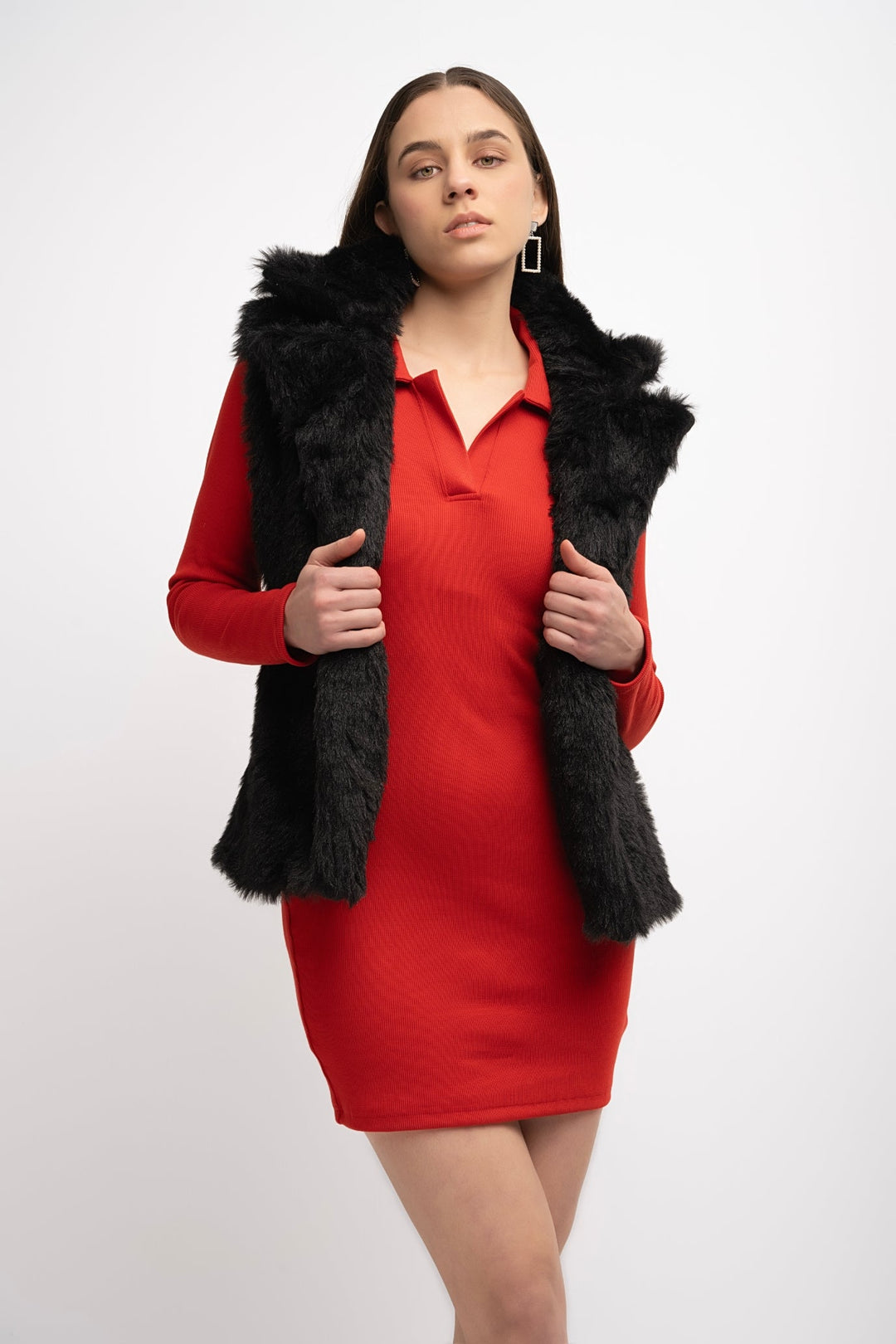 Fur Sleeveless Jacket Black