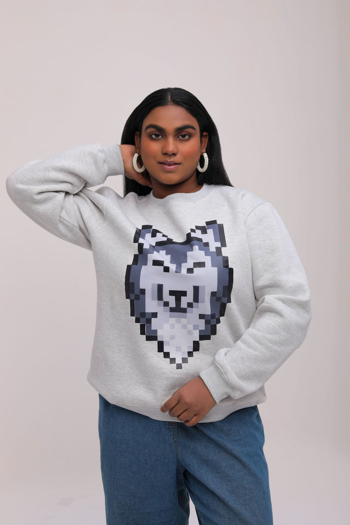 Oversized Wolf Print Grey Sweatshirt