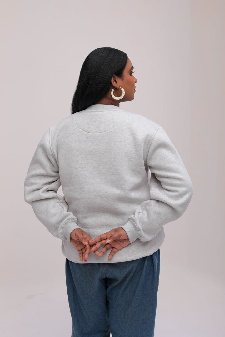 Oversized Wolf Print Fleece Sweatshirt - Grey Melange