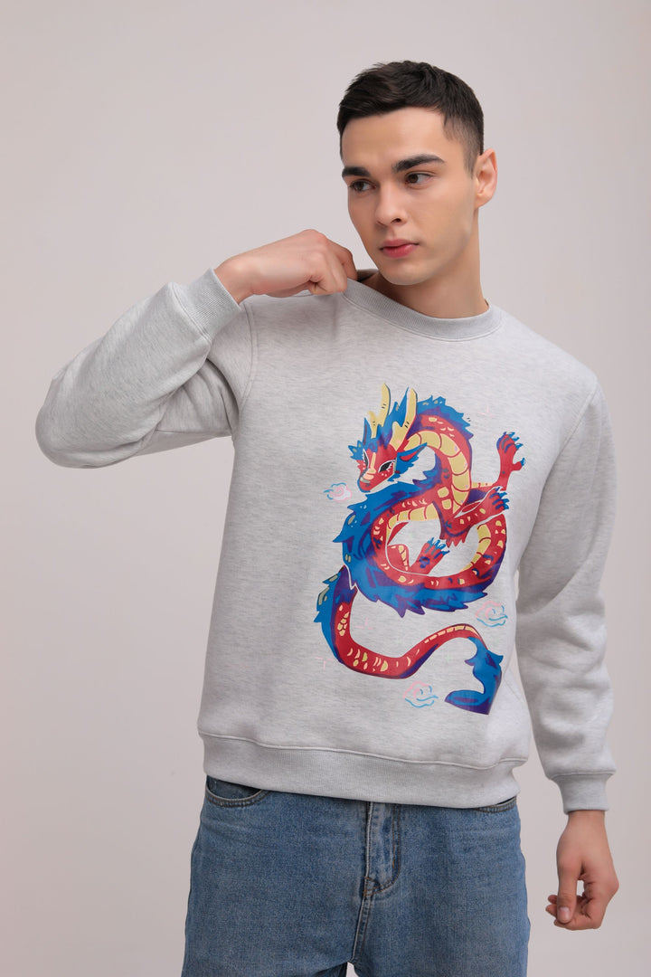 Dragon Print Fleece Sweatshirt - Grey Melange