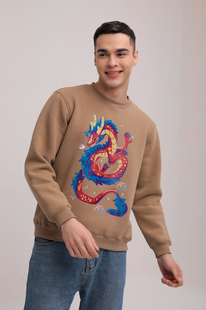 Dragon Print Fleece Sweatshirt - tan
