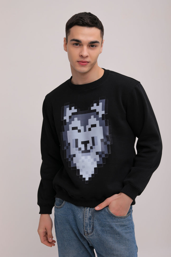 Wolf Print Fleece Sweatshirt - Black