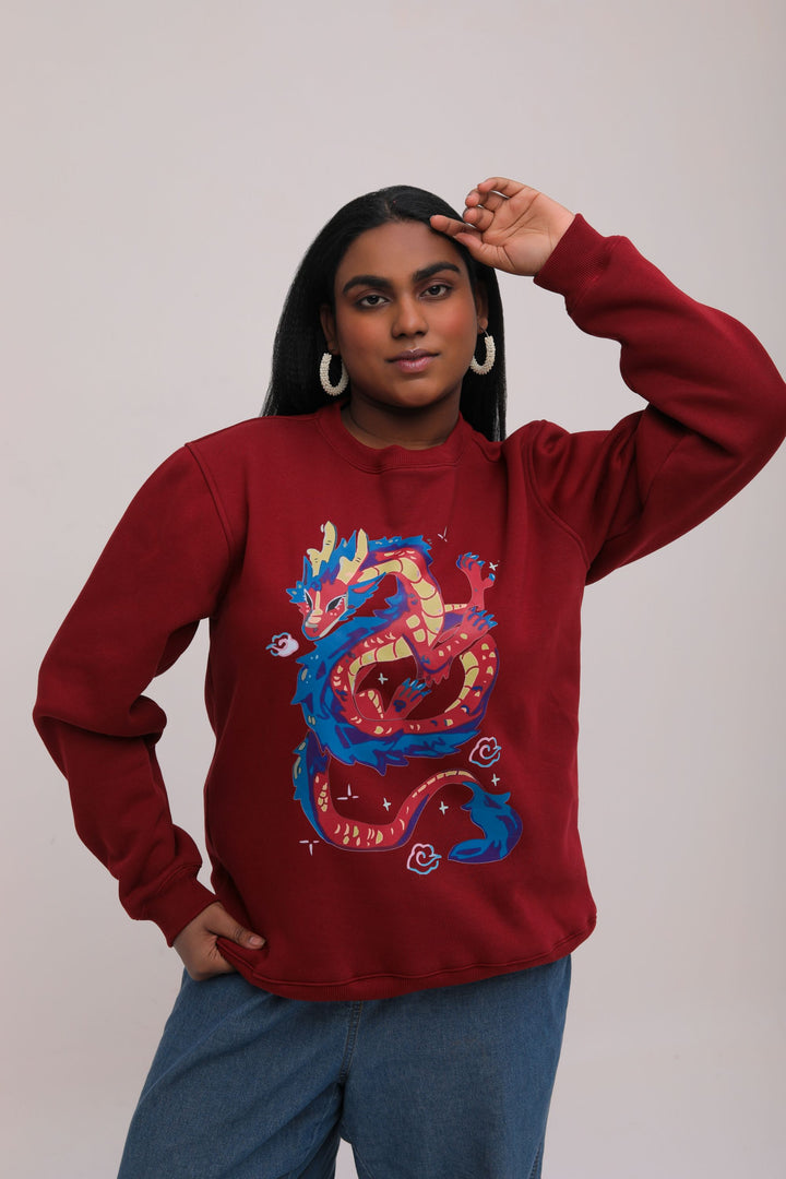 Oversized Dragon Print Maroon Sweatshirt