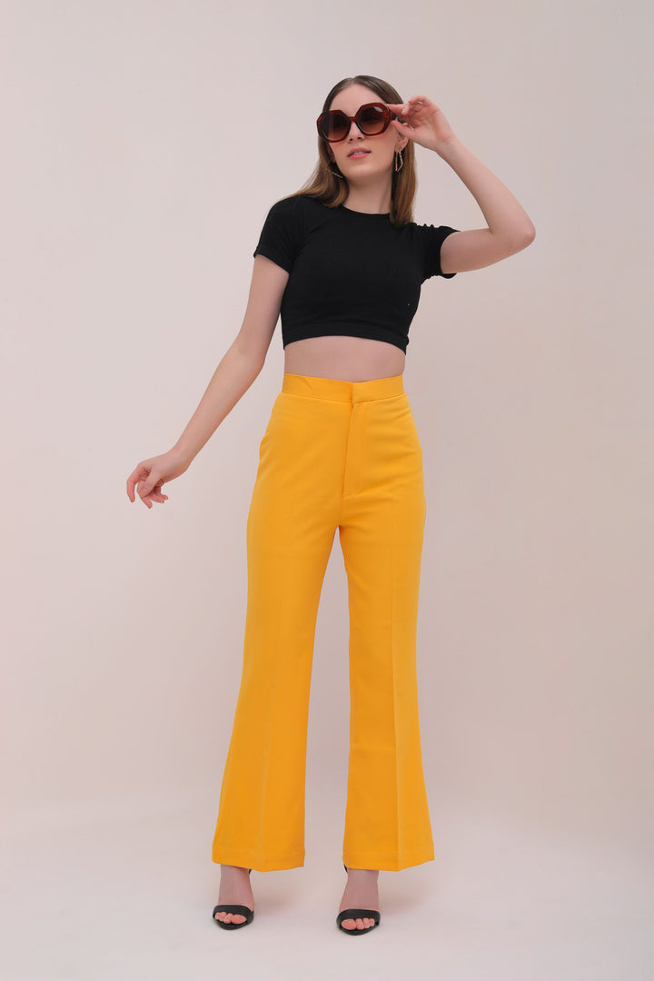 High Waist Flared Trousers - Mustard Yellow