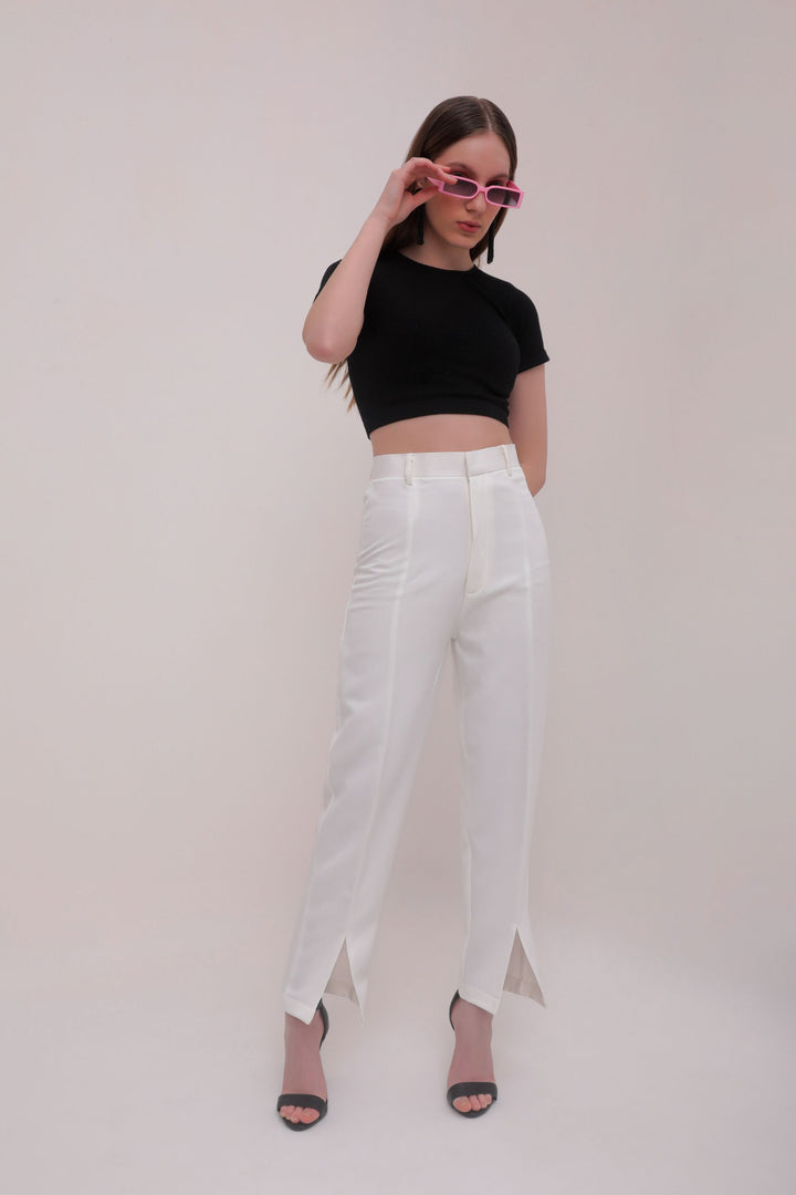Cropped Front Slit High Rise Trousers - White