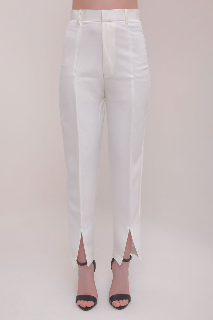 Cropped Front Slit High Rise Trousers - White