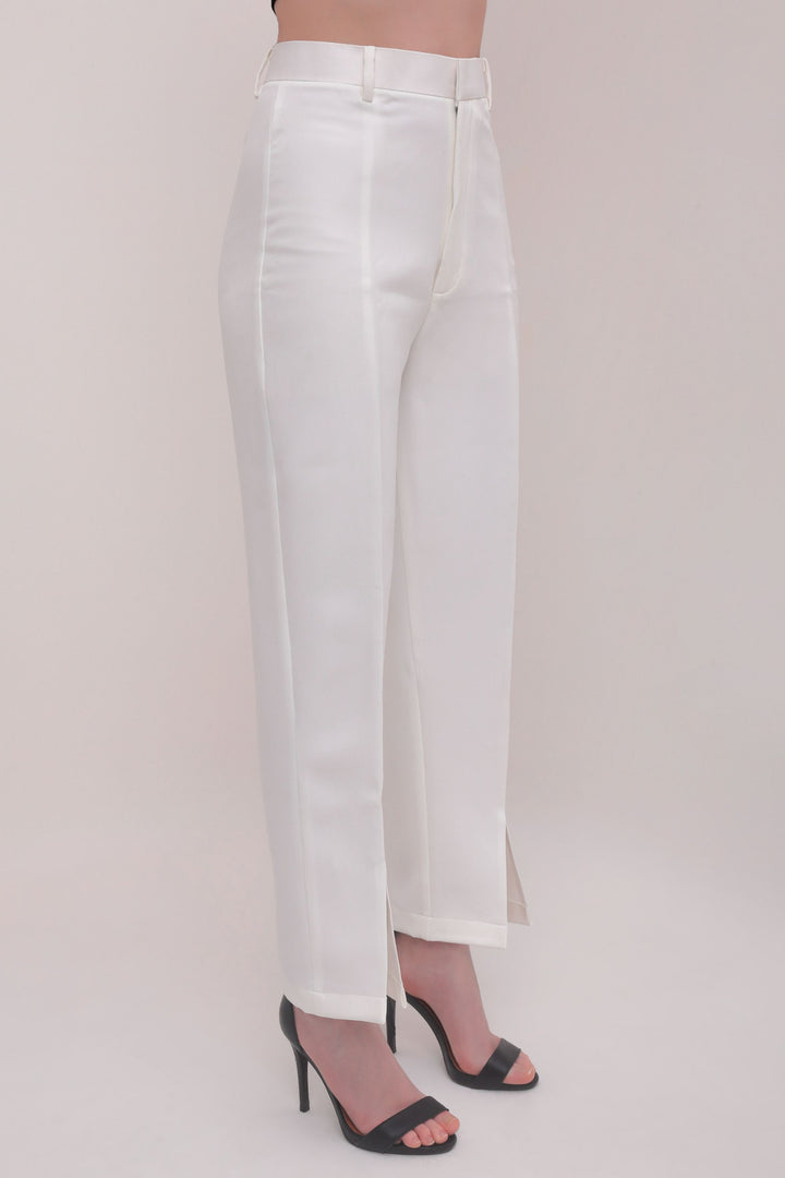 Cropped Front Slit High Rise Trousers - White