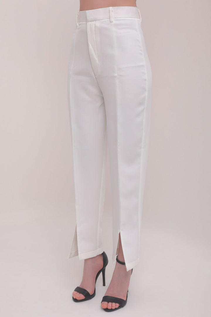 Cropped Front Slit High Rise Trousers - White