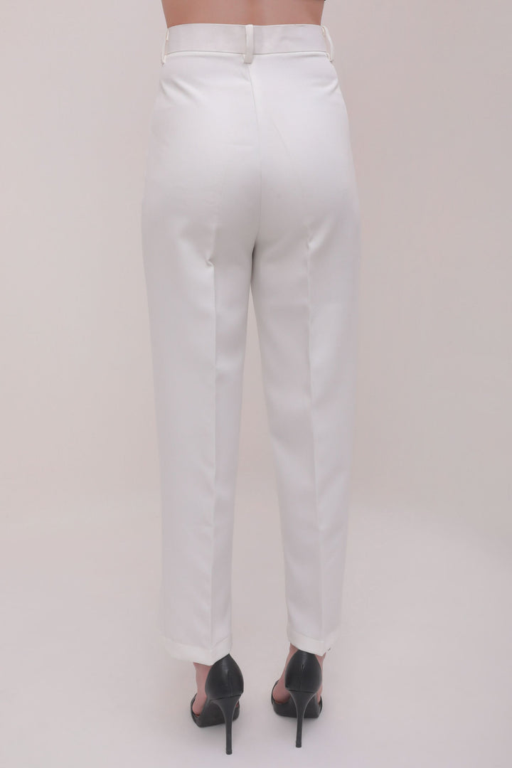 Cropped Front Slit High Rise Trousers - White
