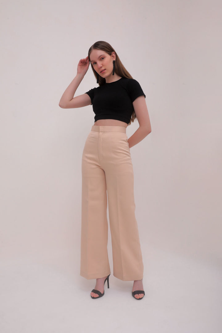 Straight Fit High Waist Trousers - Beige