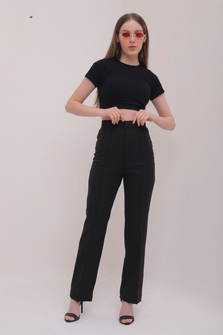 Pleated High Waist Trousers - Black