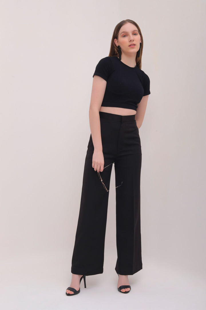 Straight Fit High Waist Trousers - Black