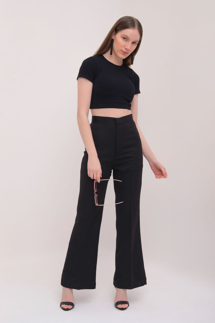 High Waist Flared Trousers - Black