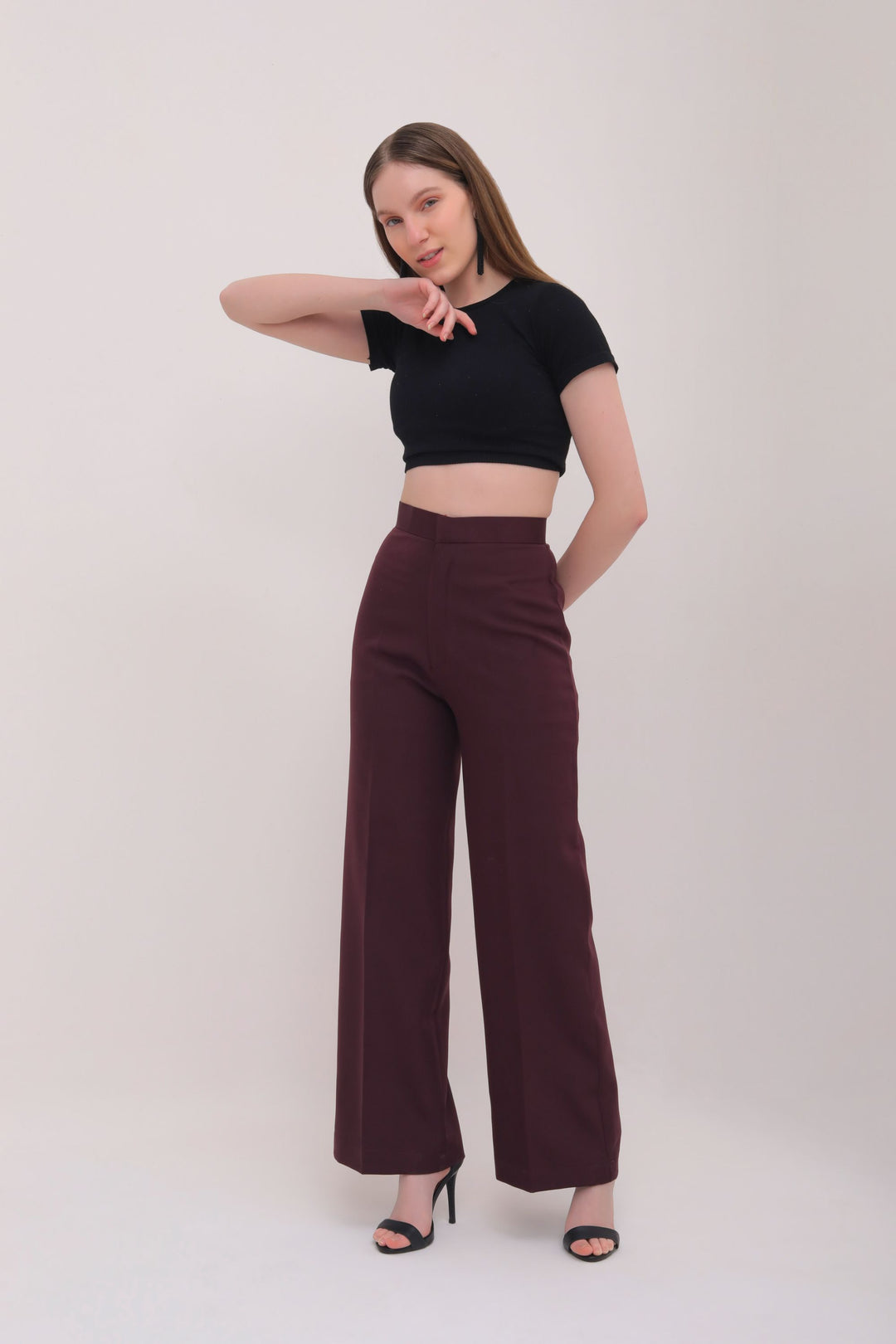 Straight Fit High Waist Trousers - Brown