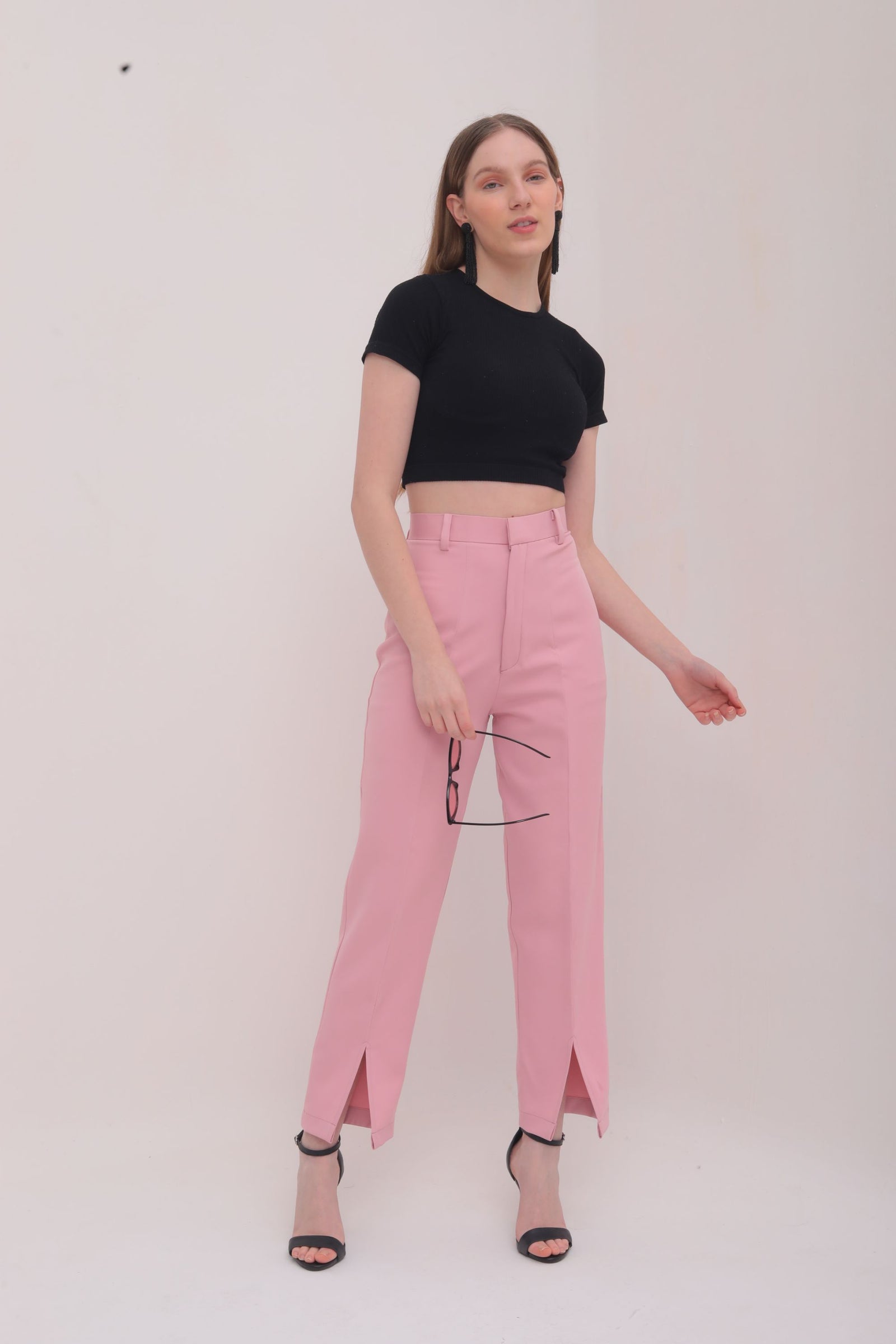 TESTING Cropped Front Slit High Rise Trousers - Pink