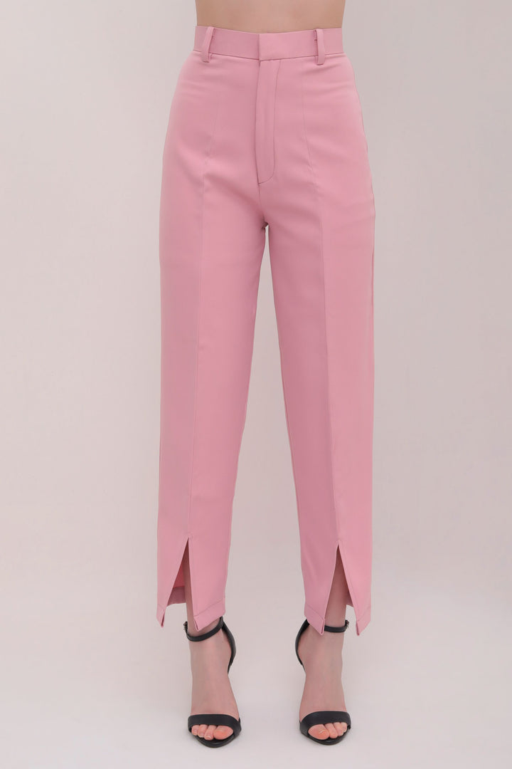 Cropped Front Slit High Rise Trousers - Pink