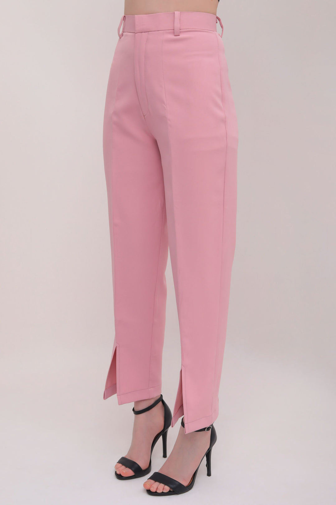 Cropped Front Slit High Rise Trousers - Pink