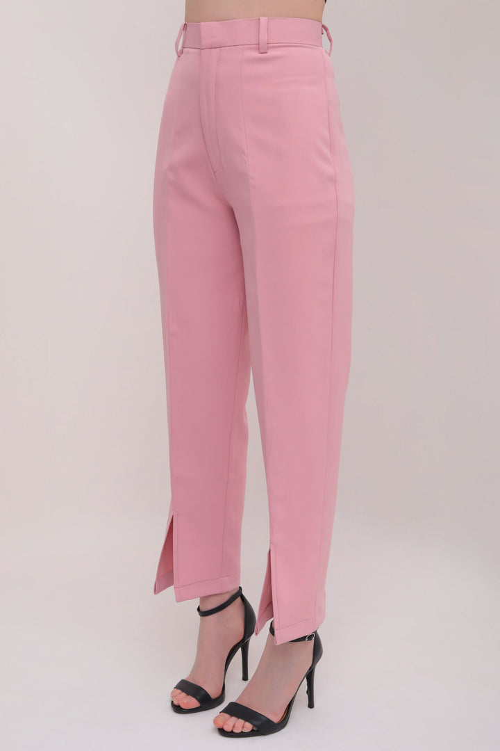 Cropped Front Slit High Rise Trousers - Pink