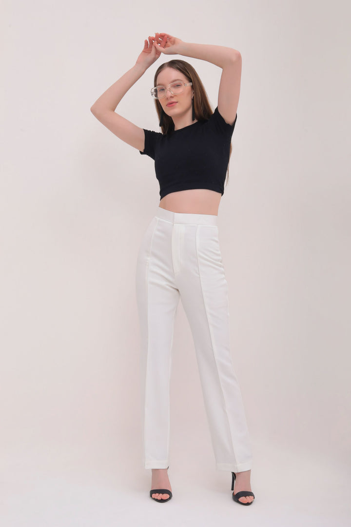 Pleated High Waist Trousers - White