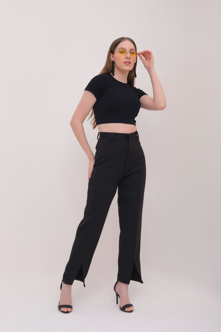 Cropped Front Slit High Rise Trousers - Black