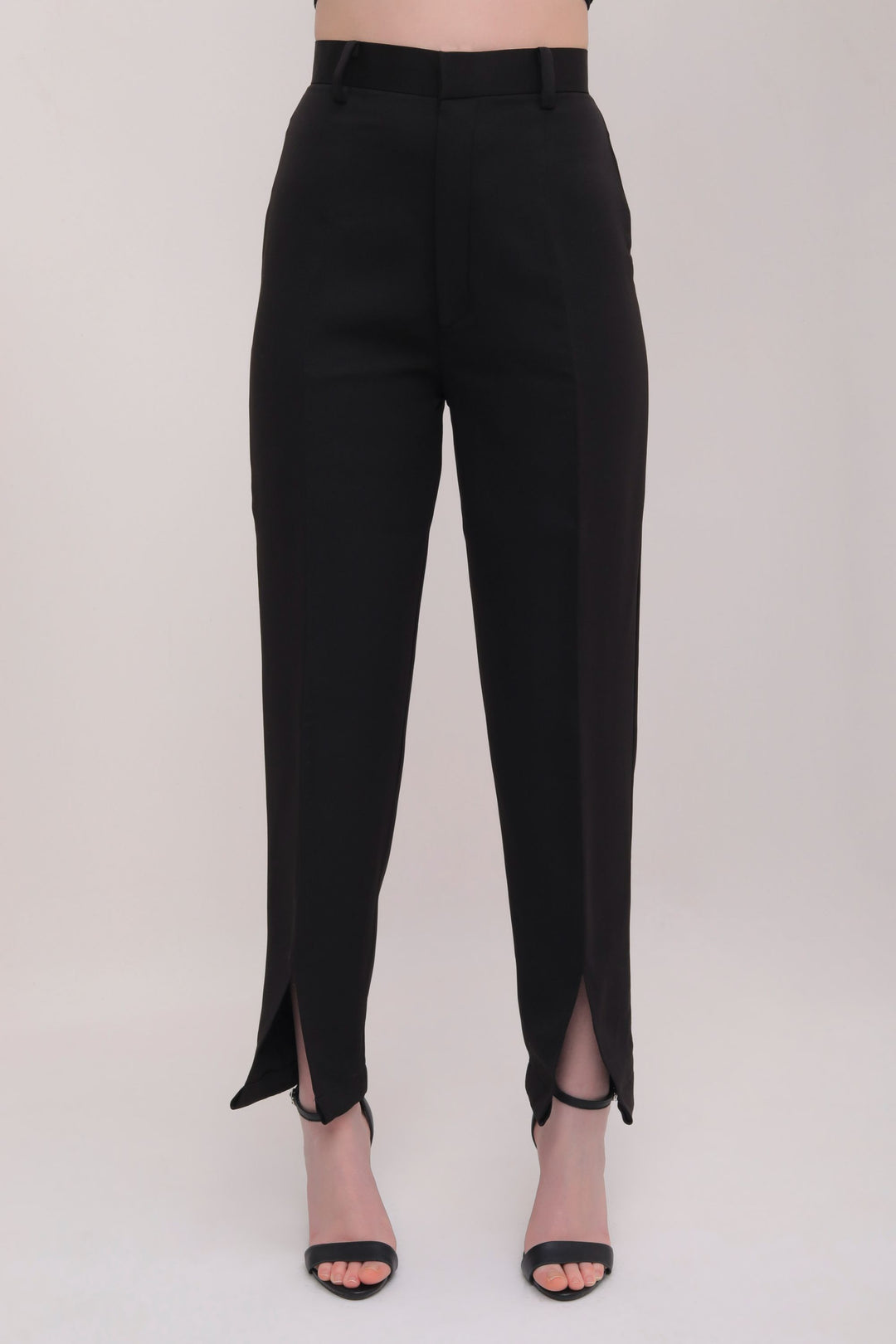 Cropped Front Slit High Rise Trousers - Black