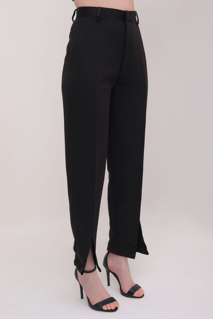 Cropped Front Slit High Rise Trousers - Black