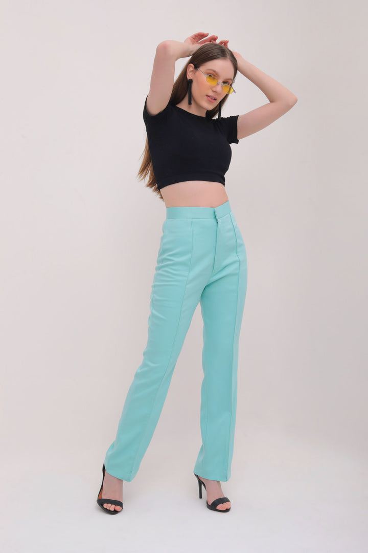 Pleated High Waist Trousers - Turquoise Blue