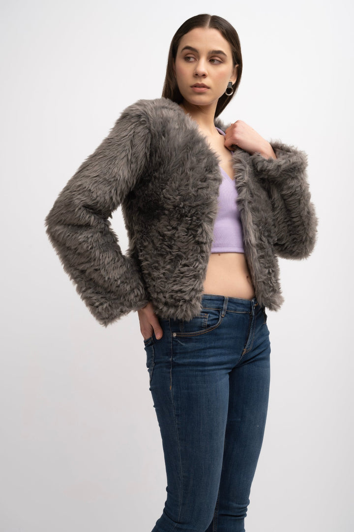 V-Neck Fur Jacket - Grey