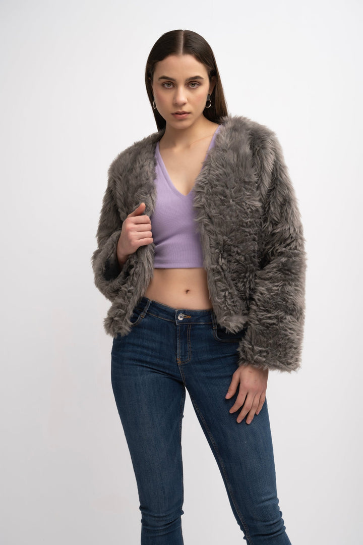 V-Neck Fur Jacket - Grey