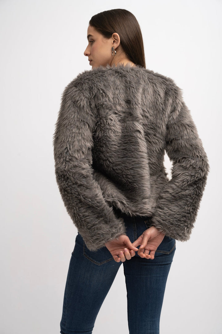 V-Neck Fur Jacket - Grey